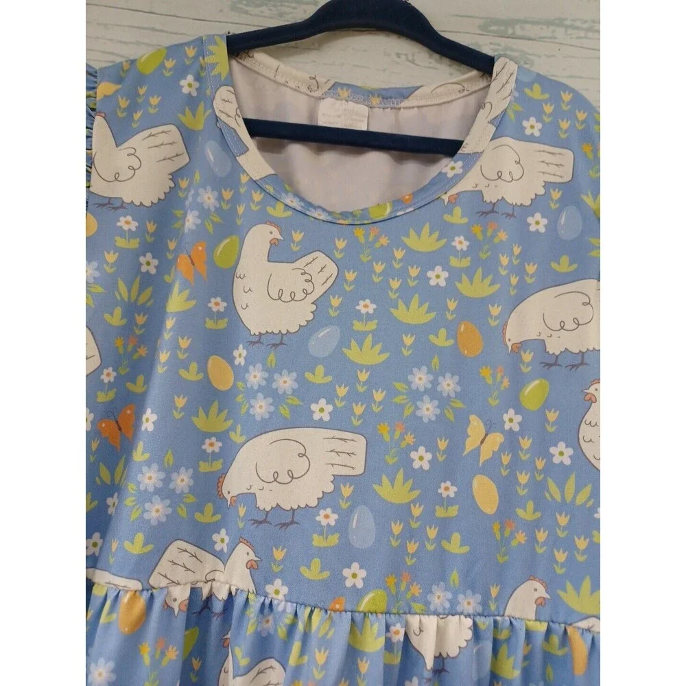 Girl Dress with Hens Eggs Chicken Butterflies Blue 6X